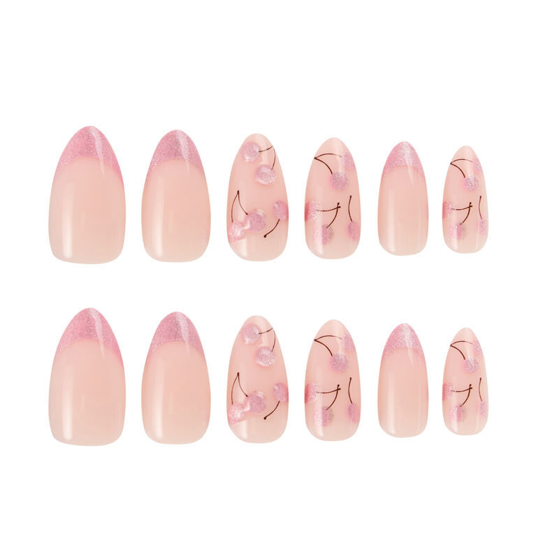 ATE Press On Nails Sweet Nothing M/L, medium amandelvormige nagels met kersendetails