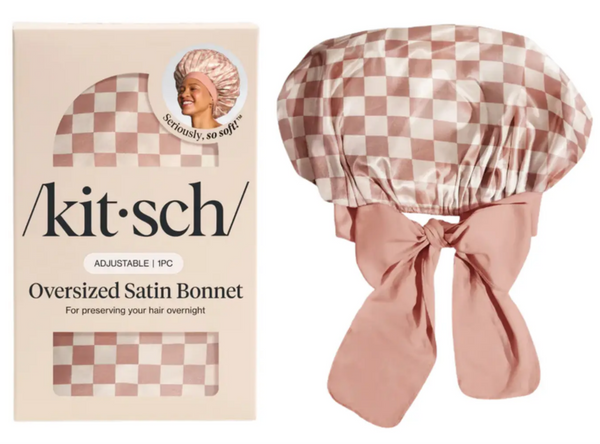 Kitsch Adjustable Oversized Satin Bonnet Terracotta Checker