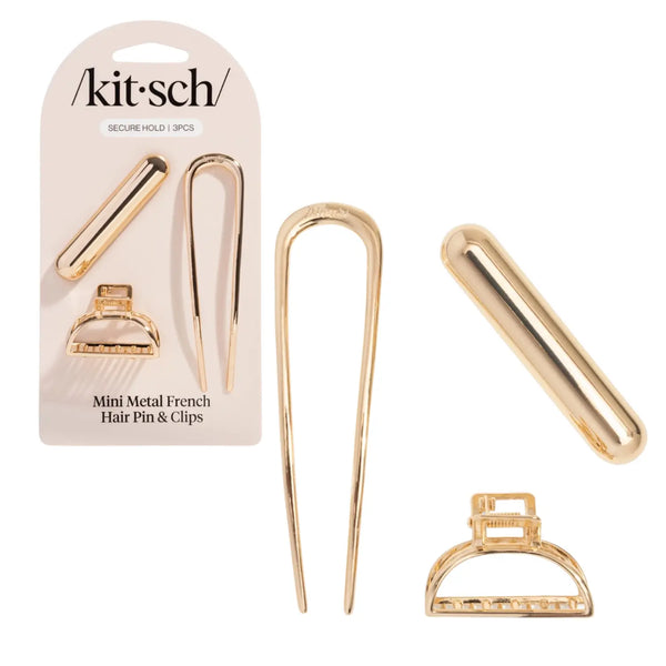 Kitsch Mini Metal French Hair Pin & Clips Set Gold