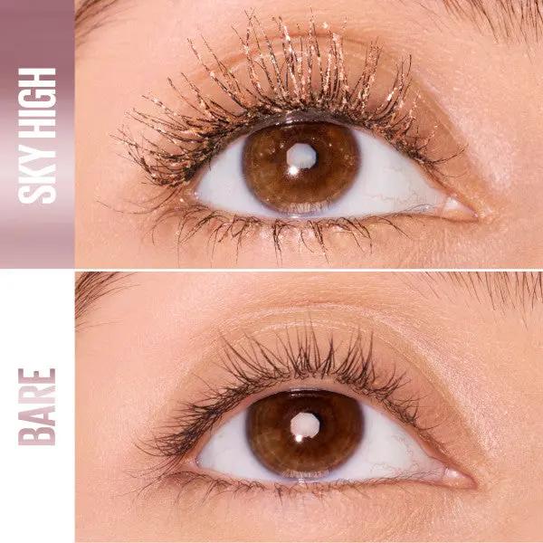 Voor en na van de Rose Gold Glitz mascara, wimpers met en zonder mascara