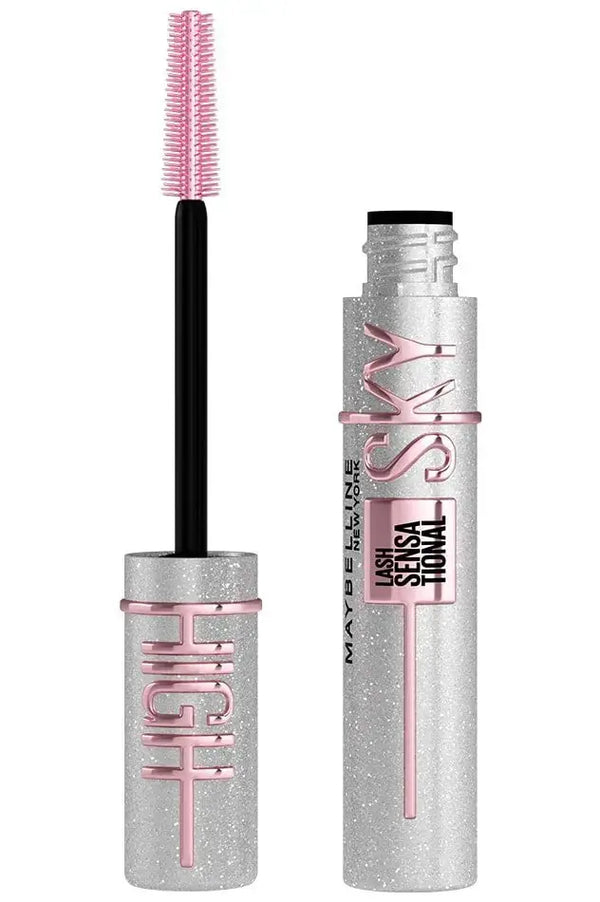 Maybelline Sky High Space Diamond glitter mascara, roze tube met het zilveren borsteltje ernaast