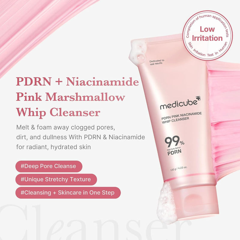 Medicube Pdrn Pink Niacinamide Whip Cleanser, roze gezichtsreiniger voor glass skin