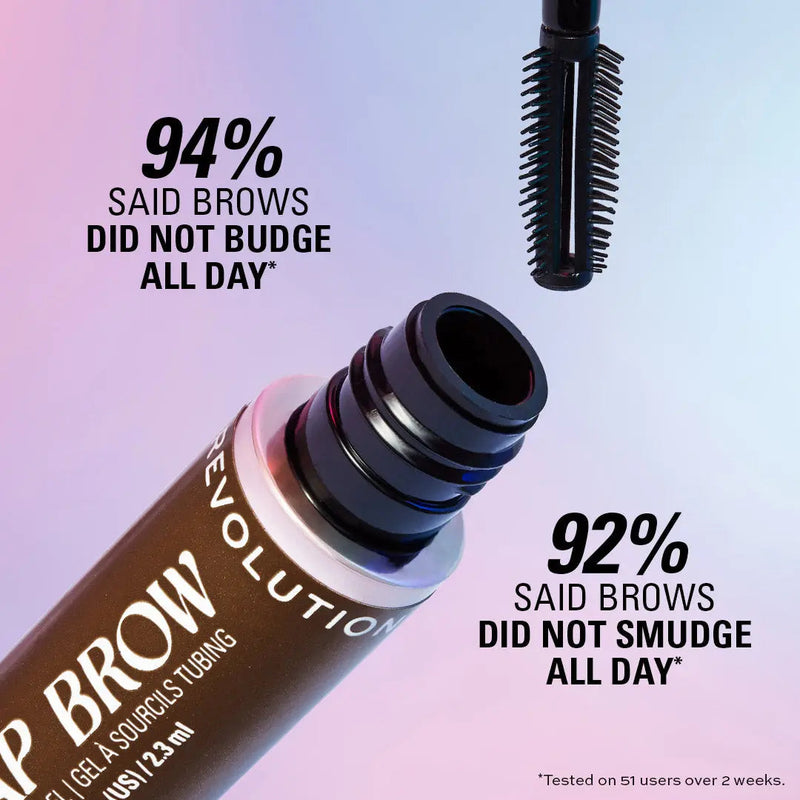 Revolution Wrap Brow Dark Brown, tubing wenkbrauwgel voor vorm, fixatie en kleur.