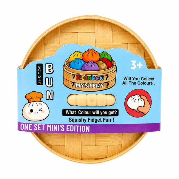 Verpakking van de Bun Dumplings Mini Squishy, rond bamboe mandje met blauwe kaart