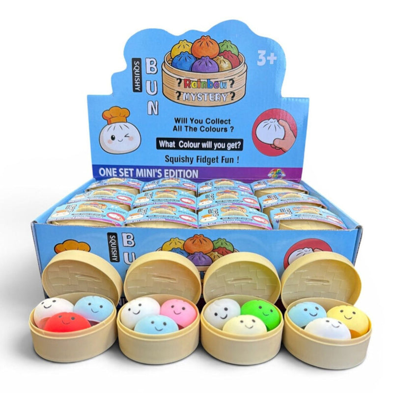 Displaydoos vol Bun Dumplings Mini Squishies in bamboe mandjes