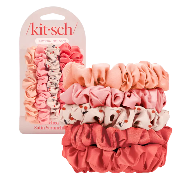 Kitsch Ruched Satin Scrunchies 5pc Set Assorted Cherry Blossom