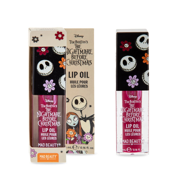 Mad Beauty Nightmare Before Christmas Too Cute To Spook Lip Oil, kersen-lipolie, voor en na