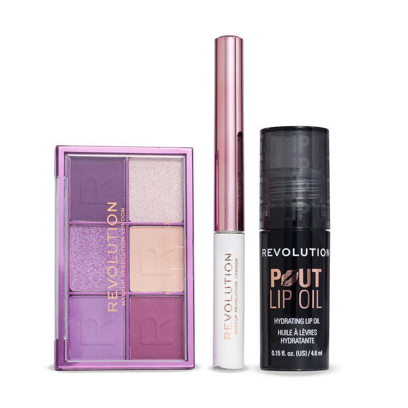 Inhoud van de After Dark Giftset: paars palet, witte eyeliner en Pout Lip Oil