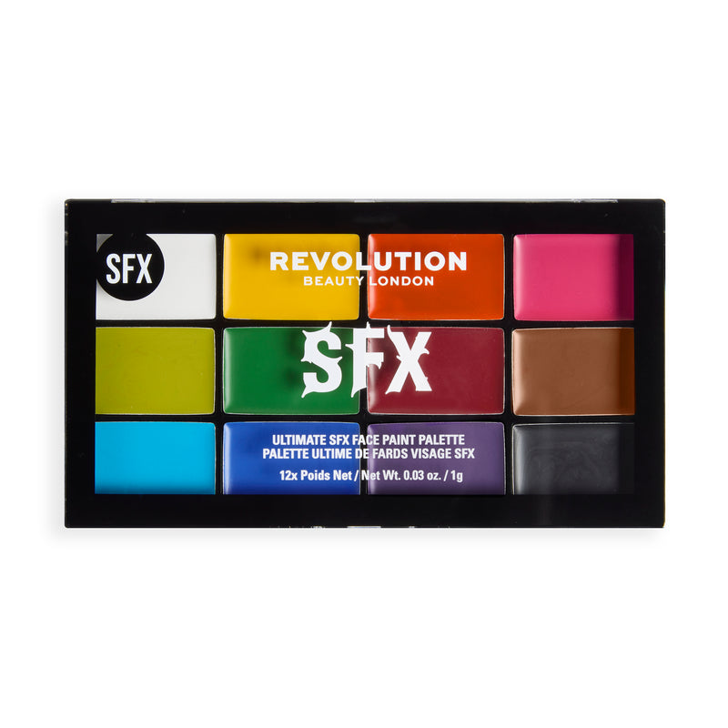 Revolution SFX Face Paint Palette gesloten, zwart palet met 12 kleurvlakken op de deksel