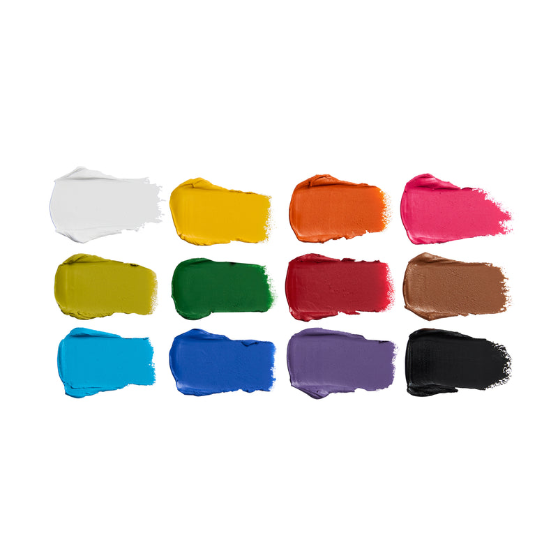 Swatches van de 12 crèmekleuren uit het SFX Face Paint Palette