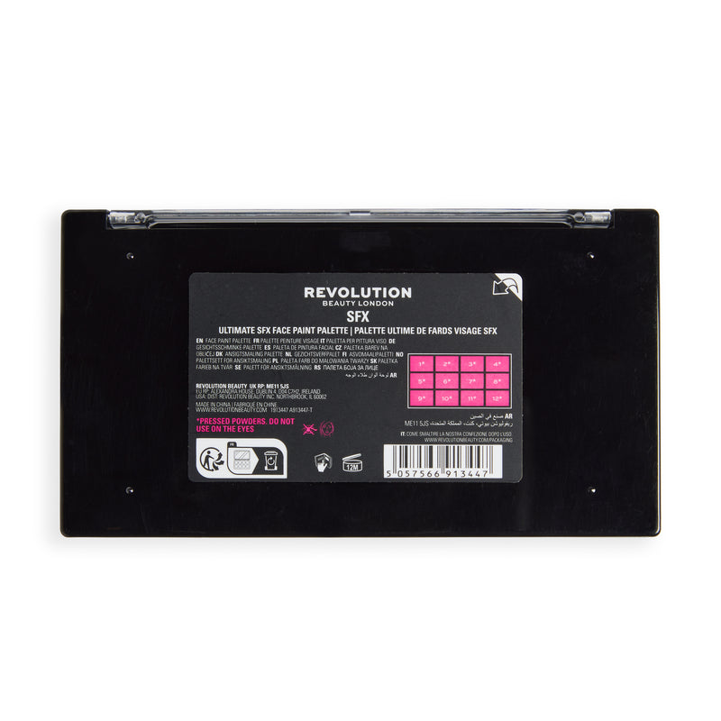 Achterkant van het SFX Face Paint Palette met productinformatie