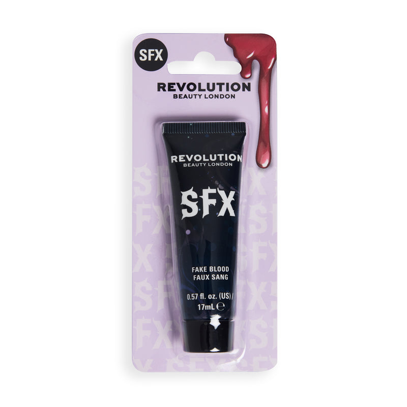 Revolution SFX Fake Blood in blisterverpakking, zwarte tube op lila kaart met bloeddruppel