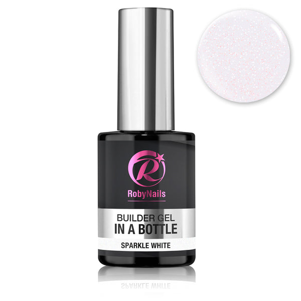 RobyNails Builder Gel Sparkle White, witte builder gel met fijne glitter in een flesje met kwastje