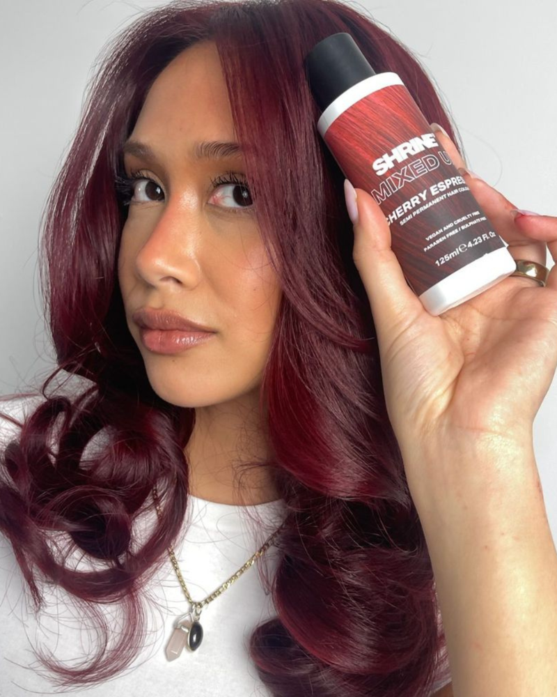 Shrine Mixed Up Semi Permanent Hair Dye Colour Cherry Espresso, semi-permanente haarverf voor kersenrood en kersenbruin haar,