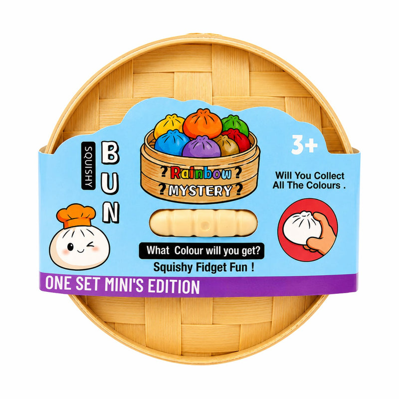 Verpakking van de Bun Dumplings Mini Squishy, rond bamboe mandje met blauwe kaart