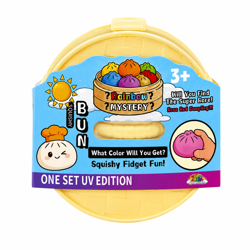 Verpakking van de Dumpling Glow In Sun UV Squishy, gele doos met UV Edition opdruk